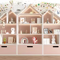 Pink And White Kids Decorative Cabinet With Teddy Bear Rabbit Rainbow Books And Photo Frames