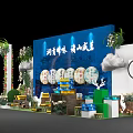 Traditional Tea Exhibition Setup With Blue Backdrop Round Cakes And Mountain Decorations 3d model