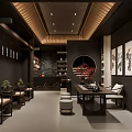 Traditional Chinese Restaurant Interior With Wooden Decor Circular Window And Wall Paintings