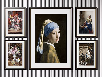Framed Artwork Collection With Central Girl Portrait Floral Scenes And Striped Wall 3d model