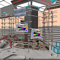 Creative Window Display with Scaffolding Structure TV Screens Neon Lights Rocks and Geometric Blocks