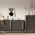Modern Minimalist Gray Console and Side Cabinets with Green Plants Decorative Items and Wall Art