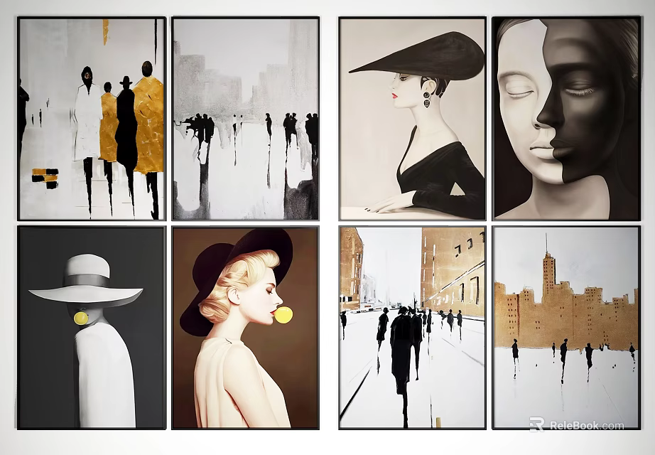 Contemporary Figure Paintings With Abstract City Silhouettes And Hatted Women Portraits 3d model 