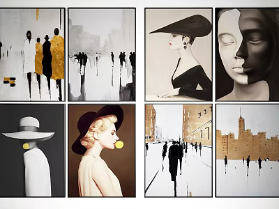 Contemporary Figure Paintings With Abstract City Silhouettes And Hatted Women Portraits 3d model