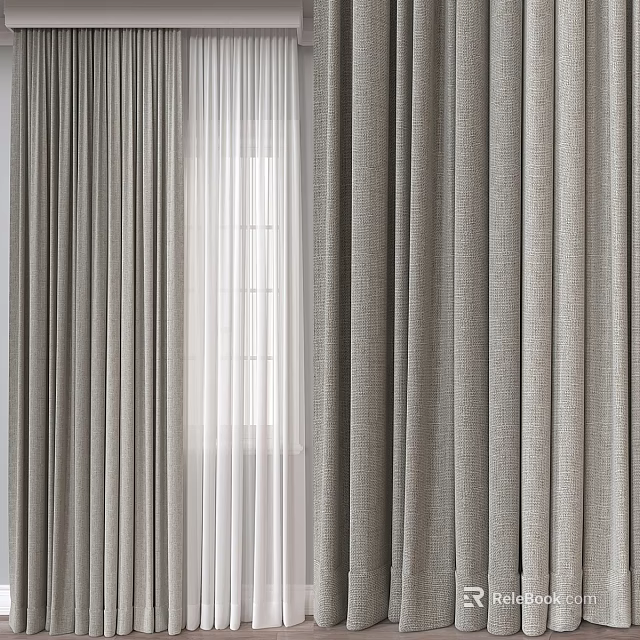 Modern Layered Curtains In Neutral Gray Linen Blend For Minimalist Window Design 3d model 