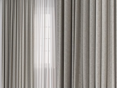 Modern Layered Curtains In Neutral Gray Linen Blend For Minimalist Window Design 3d model