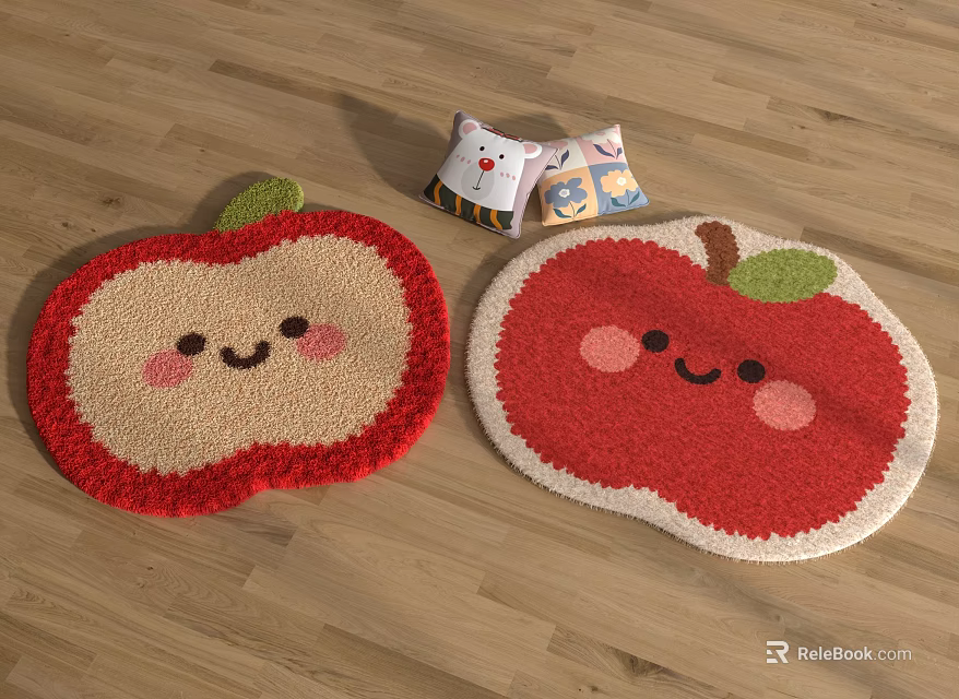 Cute Apple Shaped Rugs With Smiling Face Design In Red And Beige On Wooden Floor 3d model 