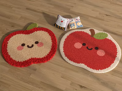 Cute Apple Shaped Rugs With Smiling Face Design In Red And Beige On Wooden Floor 3d model