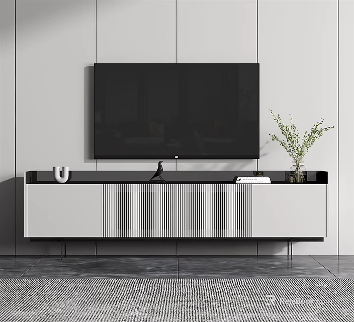 Modern TV Stand Design With Flat Screen TV Potted Plant And Storage Cabinets 3d model 
