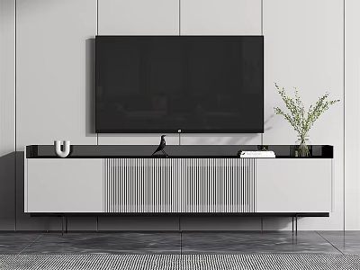 Modern TV Stand Design With Flat Screen TV Potted Plant And Storage Cabinets 3d model
