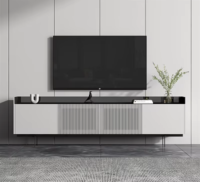 Modern TV Stand Design With Flat Screen TV Potted Plant And Storage Cabinets 3d model