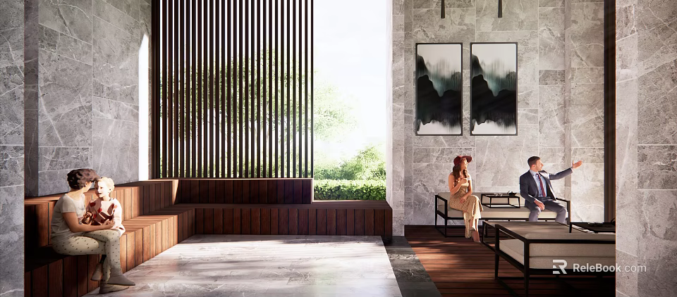 Elegant Indoor Garden Decor With Wooden Screen And Lush Green Plants View 3d model 