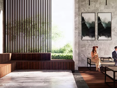 Elegant Indoor Garden Decor With Wooden Screen And Lush Green Plants View 3d model