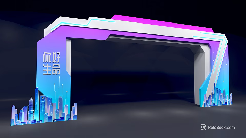 Modern Geometric Archway Design With Purple Blue Hues And City Silhouette Details 3d model 