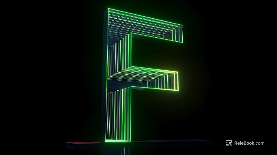 3D Letter F Design With Neon Green And Yellow Striped Lines On Black Background 3d model 