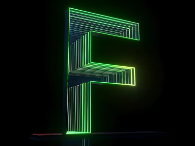 3D Letter F Design With Neon Green And Yellow Striped Lines On Black Background 3d model