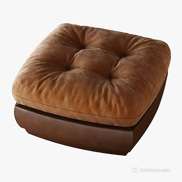 Modern Square Brown Tufted Ottoman With Padded Seat And Leather Base 3d model 