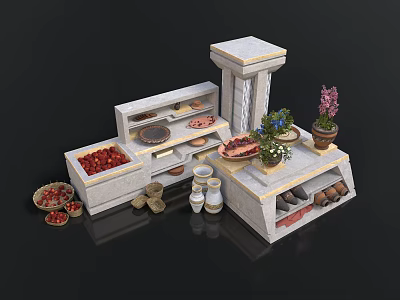 Rustic Market Display Stand With Fresh Strawberries Plates Flower Pots And Clay Jars 3d model