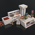 Rustic Market Display Stand With Fresh Strawberries Plates Flower Pots And Clay Jars