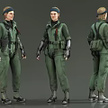 Game Movie Character In Green Uniform With Headband Arm Guards And Backpack Three Angles View