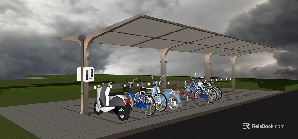 Covered Bicycle Parking Canopy with Electric Scooter Bikes and Charging Station 3d model 