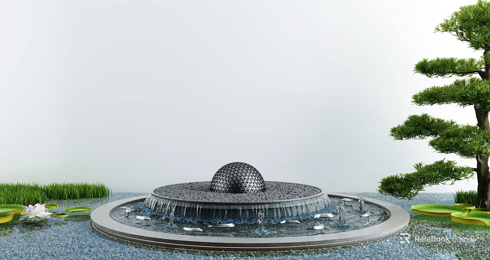 Tranquil Courtyard Garden Featuring Ornamental Spherical Ball Fountain With Flowing Water And Lush Greenery 3d model 