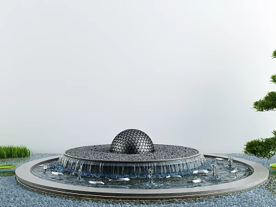 Tranquil Courtyard Garden Featuring Ornamental Spherical Ball Fountain With Flowing Water And Lush Greenery 3d model