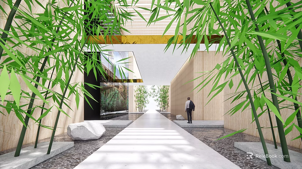 Lush Bamboo Plants In Elevator Hallway With Warm Wooden Walls And Polished Stone Floor 3d model 