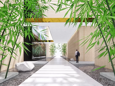 Lush Bamboo Plants In Elevator Hallway With Warm Wooden Walls And Polished Stone Floor 3d model