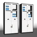 Modern Bookcase With Glass Doors Blue Folders White And Black Cabinets