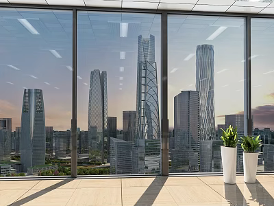 Floor to Ceiling Windows Showcasing City Skyline With Potted Plants 3d model