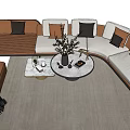 Modern Sofa Coffee Table Set With White Brown Cushions Round Table Decorative Branches Dark Rug 3d model