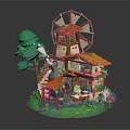 Colorful Cartoon Scene With Windmill House Tree Horses Hay Green Grass And Red Roof