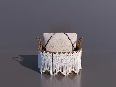 Woven Storage Basket With White Striped Mat Brown Handles And Fringe Trim 3d model