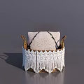 Woven Storage Basket With White Striped Mat Brown Handles And Fringe Trim