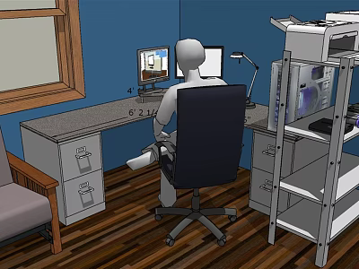 Modern Office Desk Interior With Computer Monitors Desk Lamp Ergonomic Chair Blue Wall And Shelf 3d model