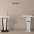 Two Modern Podiums With Microphones And Brand Logos In Poliform Setting