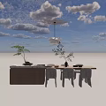 Modern Dining Space With Marble Island Dining Chairs Potted Plants And Pendant Light