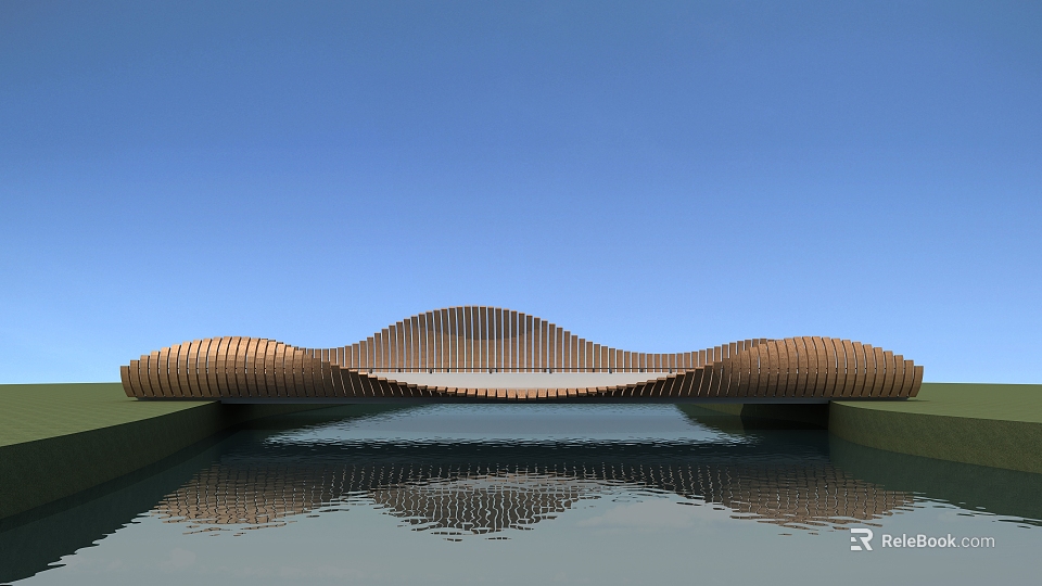 Modern Wooden Bridge With Wave Design Spanning Water And Reflection Under Blue Sky 3d model 