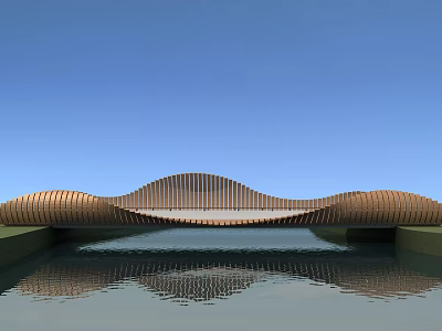 Modern Wooden Bridge With Wave Design Spanning Water And Reflection Under Blue Sky 3d model