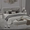 Elegant Modern Double Bed With Upholstered Headboard Pillows Throw Blanket Bedside Lamps And Bench