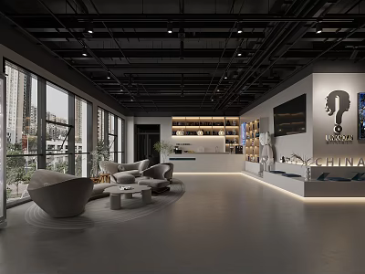 Modern Interior Space With Large Windows Sofa Coffee Tables And Display Area 3d model