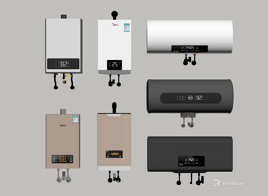 Various Water Heater Designs Including Digital Displays And Diverse Colors 3d model 