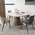 Modern Round Dining Table Set With Wooden Base Upholstered White Gray Chairs And Marble Wall 3d model