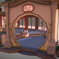 Cartoon Chinese Architectural Scene With Pavilion Tile Roof Bamboo Stone Steps And Windows