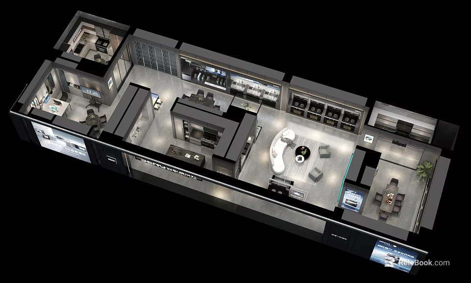 Modern Specialty Store Interior Layout With Display Areas Sofa And Cabinets 3d model 