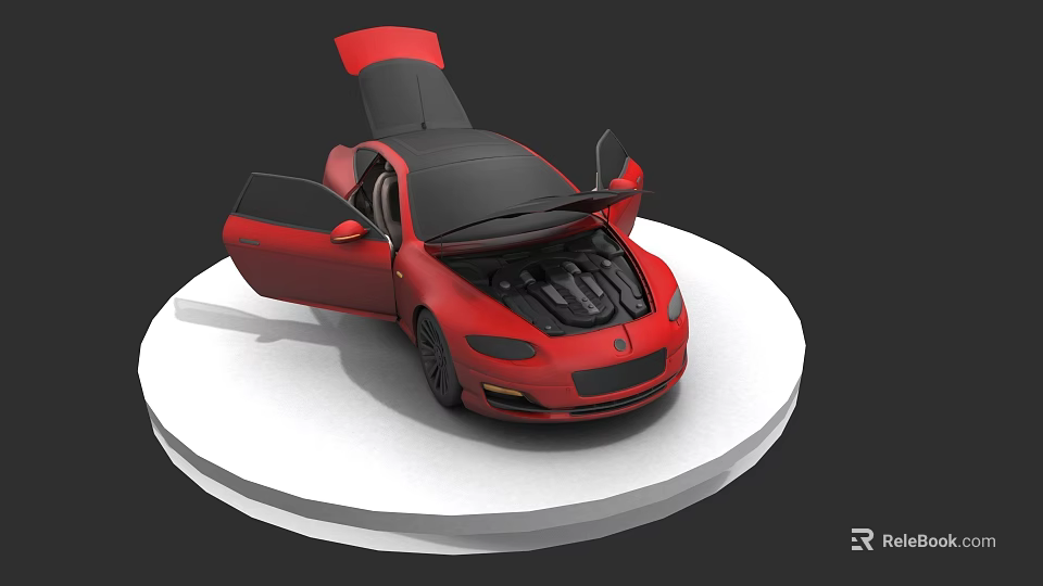 Red Sports Car With Open Doors And Hood On White Circular Platform 3d model 