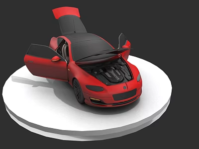 Red Sports Car With Open Doors And Hood On White Circular Platform 3d model