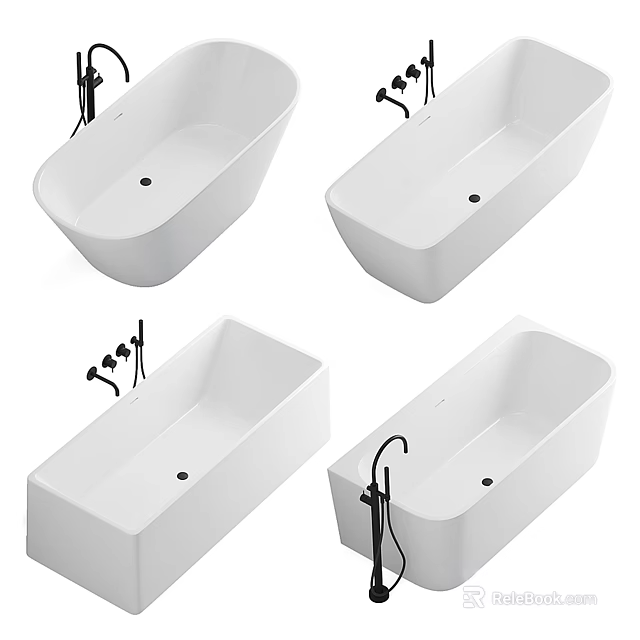 Different Styles Of White Bathtubs With Black Faucets And Modern Design 3d model 