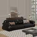 Black Leather Sofa with Beige Brown Cushions and Coffee Table Set in Modern Interior